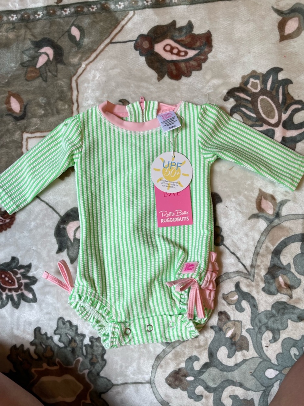 Ruffle Butts Green and Pink Stripe UPF 50+ One-Piece